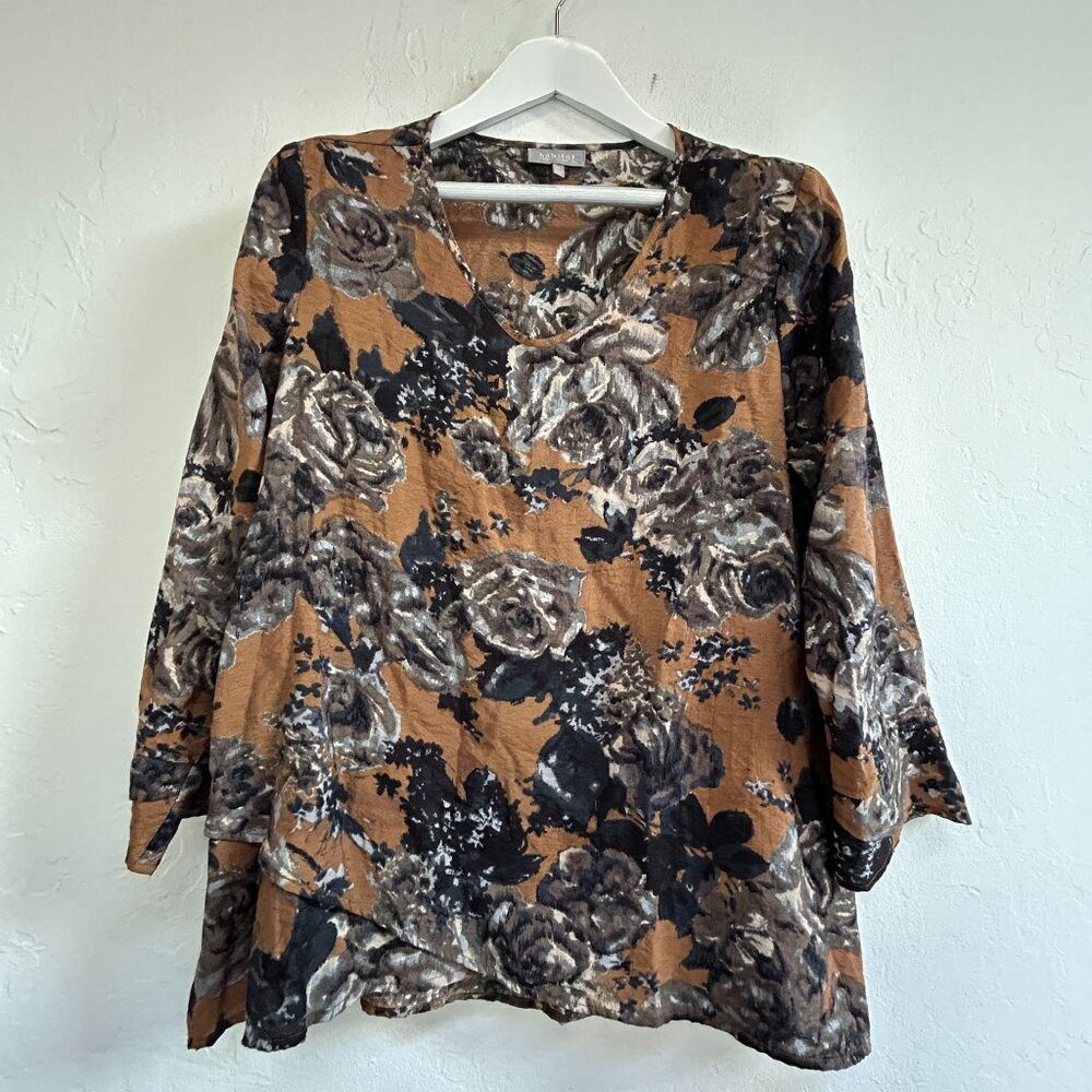 Habitat Womens Floral Print 3/4 Sleeve Scoop Neck Tunic Top Medium Brown Casual